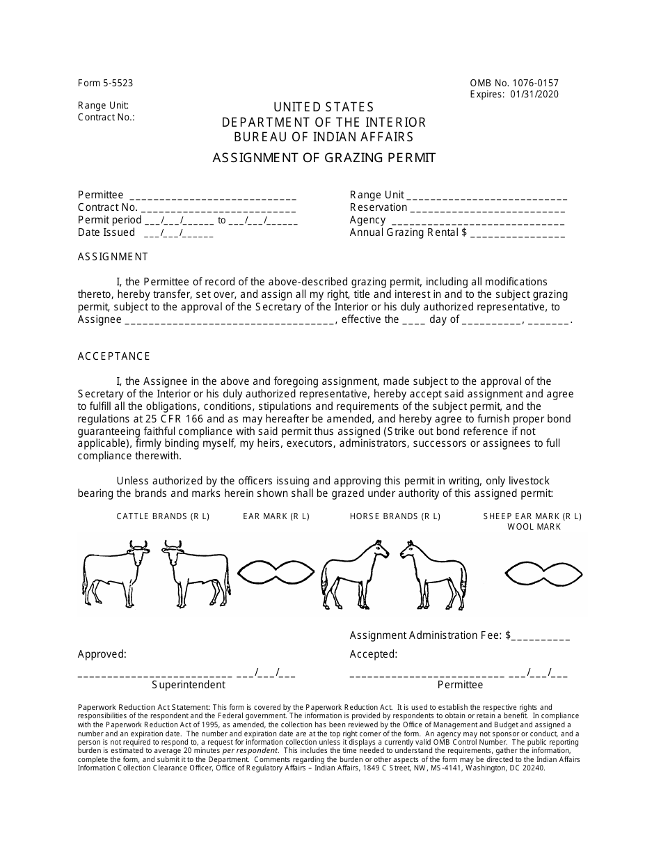 BIA Form 5-5523 Assignment of Grazing Permit, Page 1