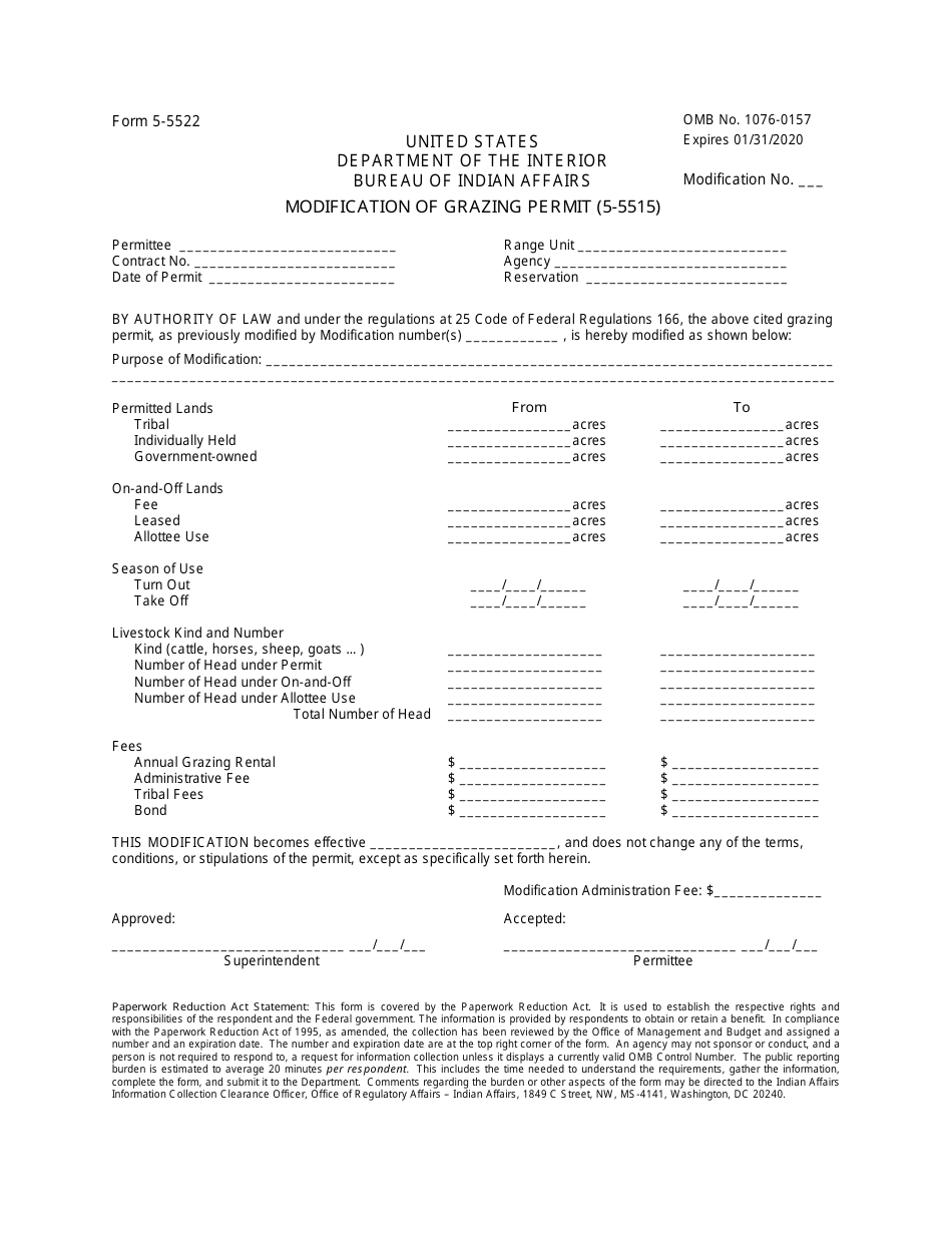 BIA Form 5-5522 Modification of Grazing Permit (5-5515), Page 1
