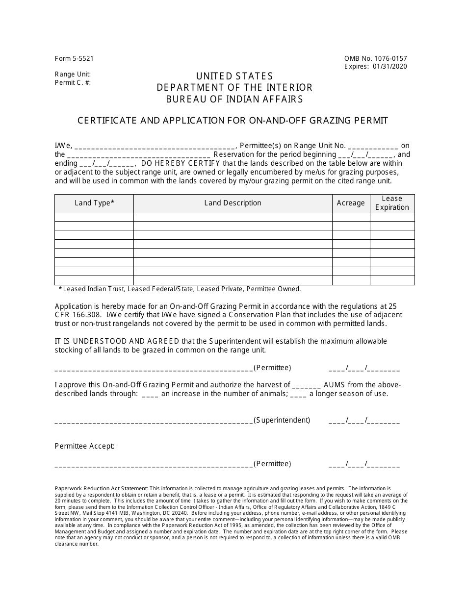 BIA Form 5-5521 Certificate and Application for on-And-Off Grazing Permit, Page 1