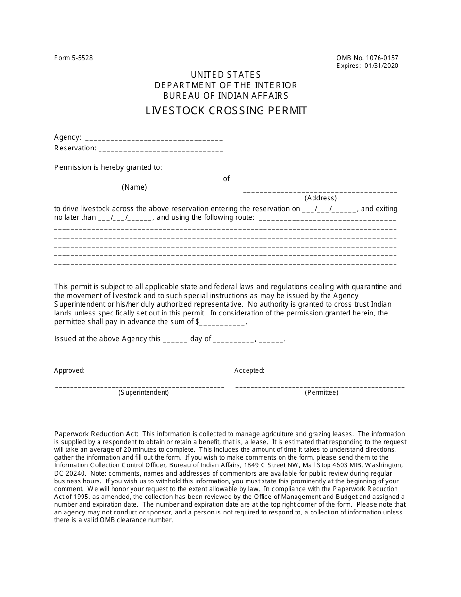 BIA Form 5-5528 Livestock Crossing Permit, Page 1