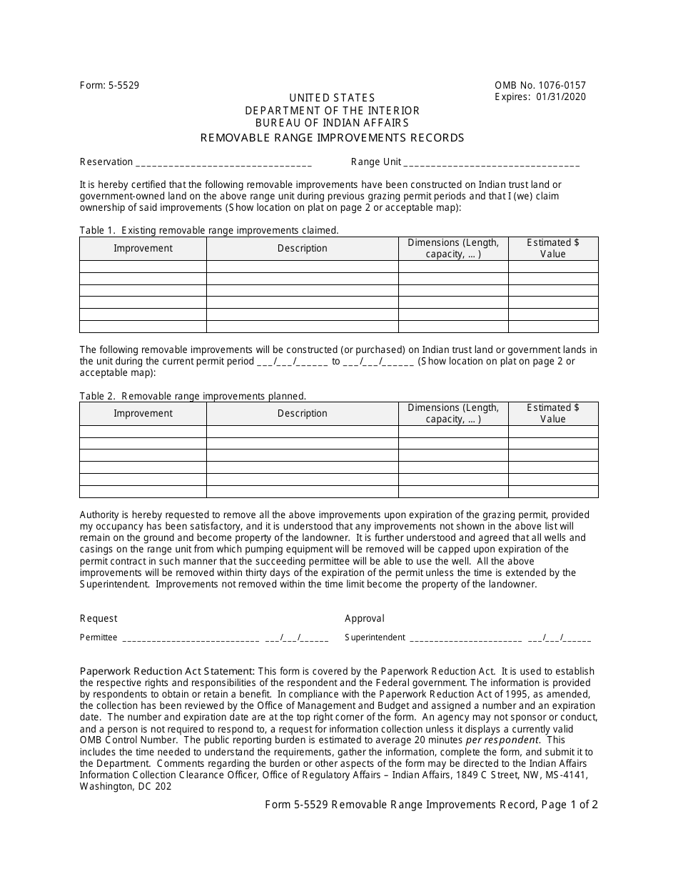 BIA Form 5-5529 Removable Range Improvements Records, Page 1