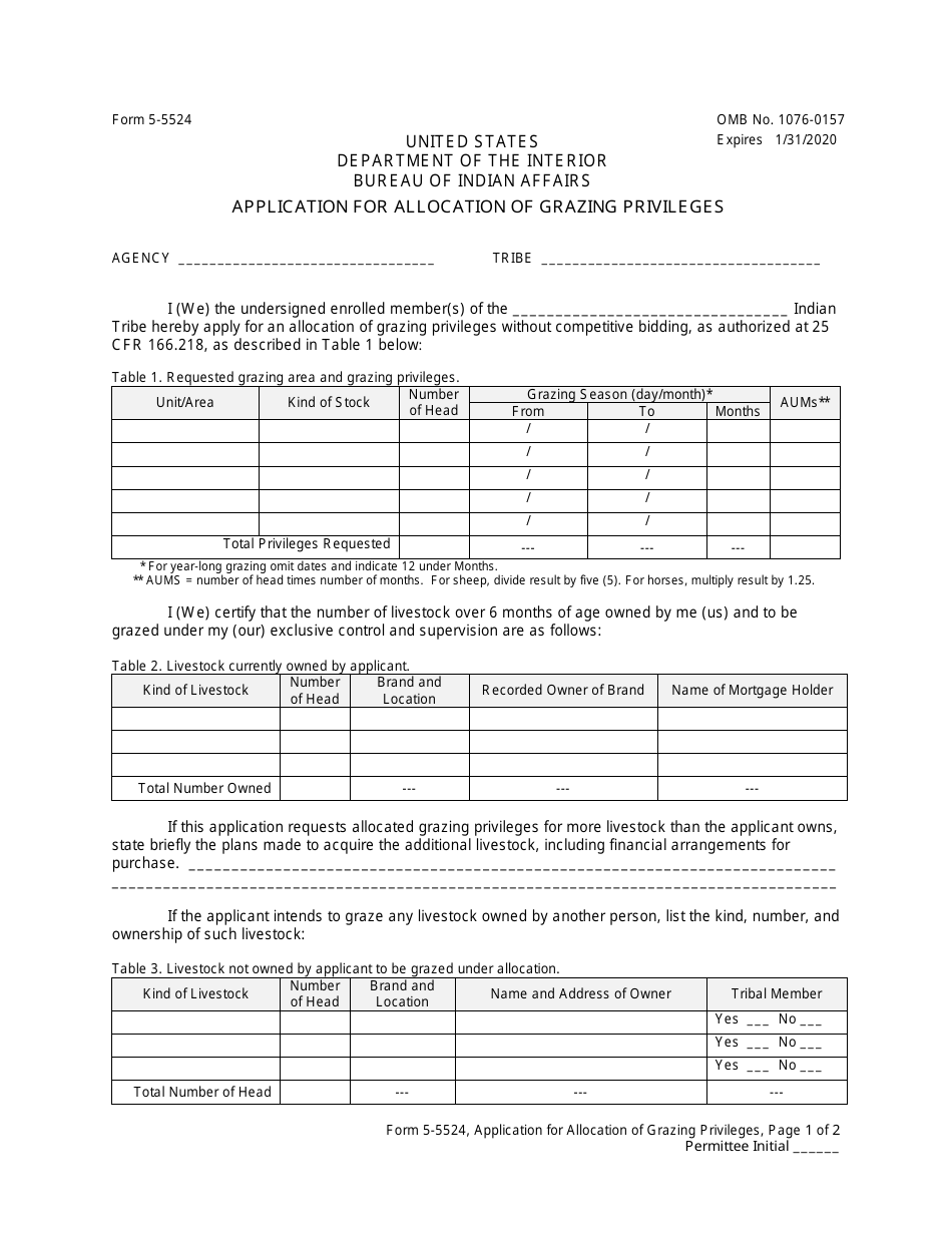 BIA Form 5-5524 Application for Allocation of Grazing Privileges, Page 1