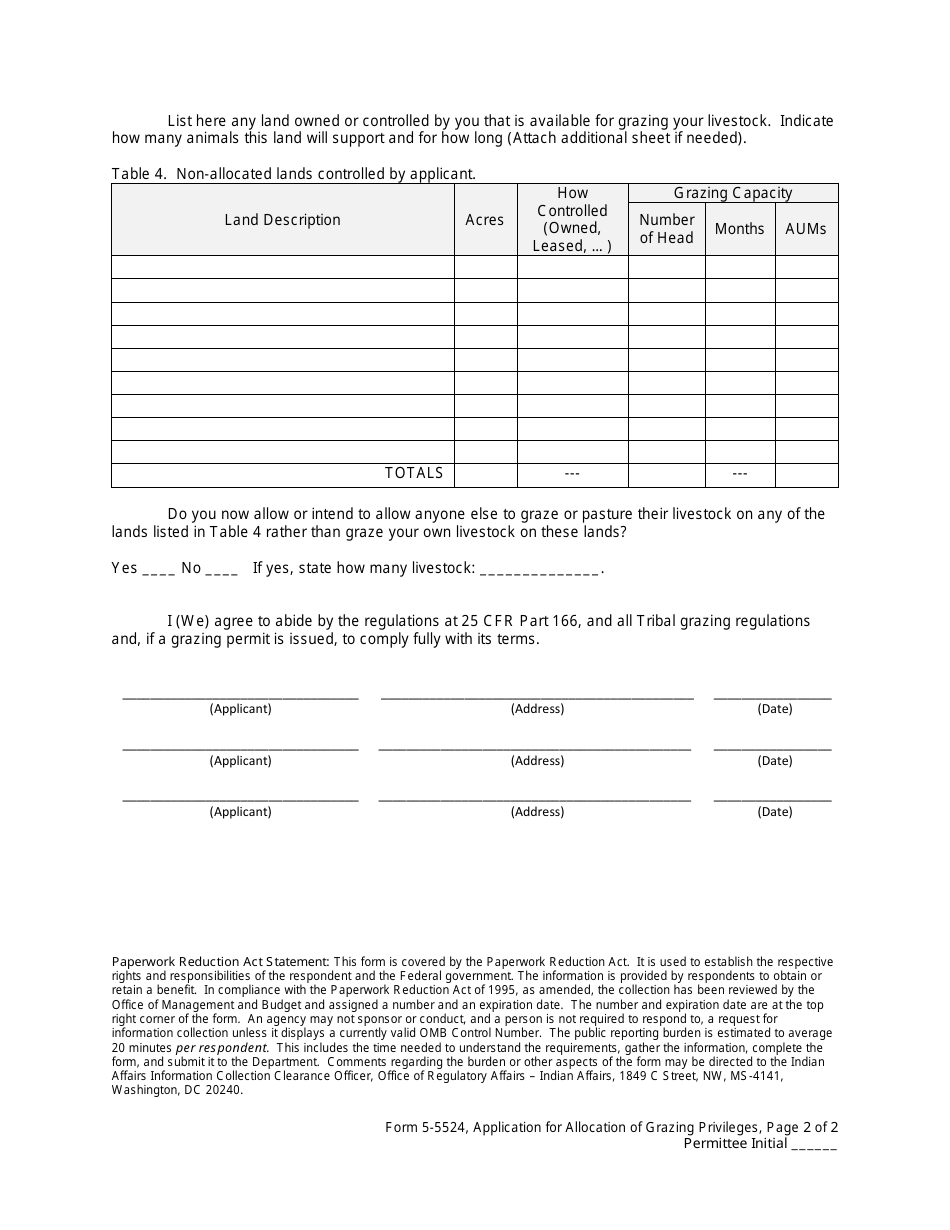 BIA Form 5-5524 Application for Allocation of Grazing Privileges, Page 2