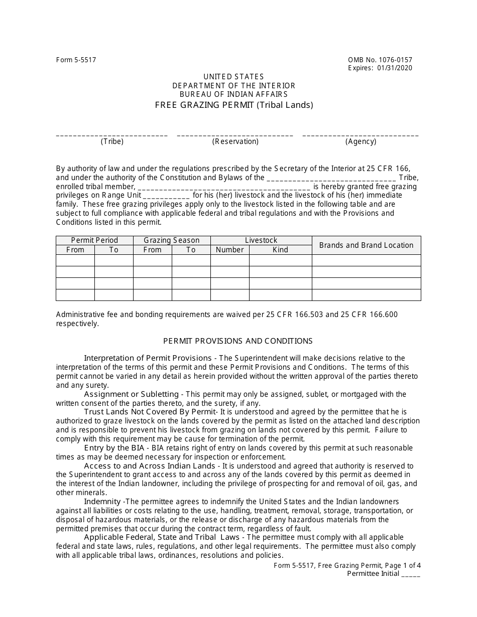 BIA Form 5-5517 Free Grazing Permit (Tribal Lands), Page 1