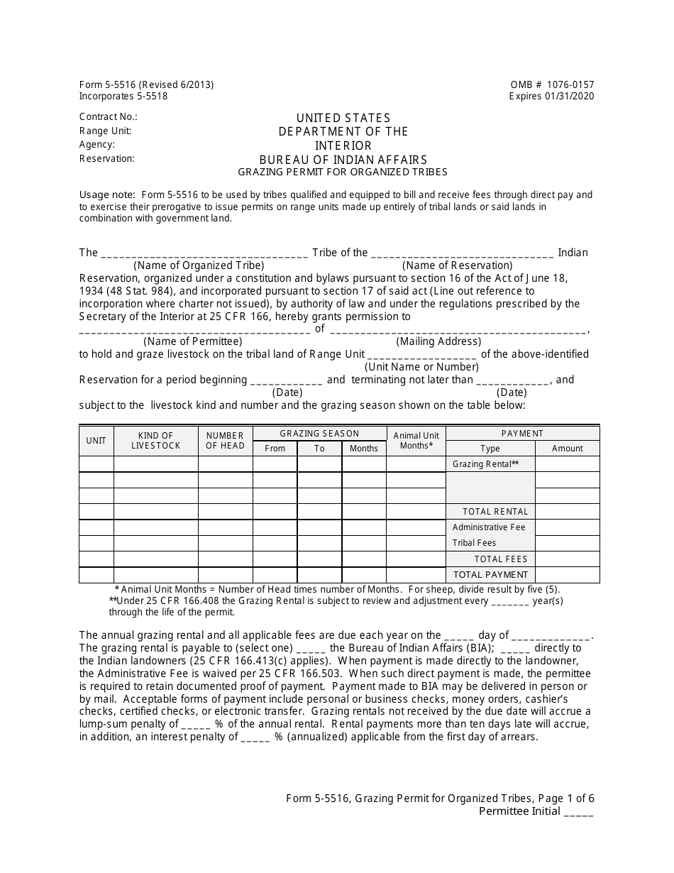 BIA Form 5-5516 Grazing Permit for Organized Tribes, Page 1