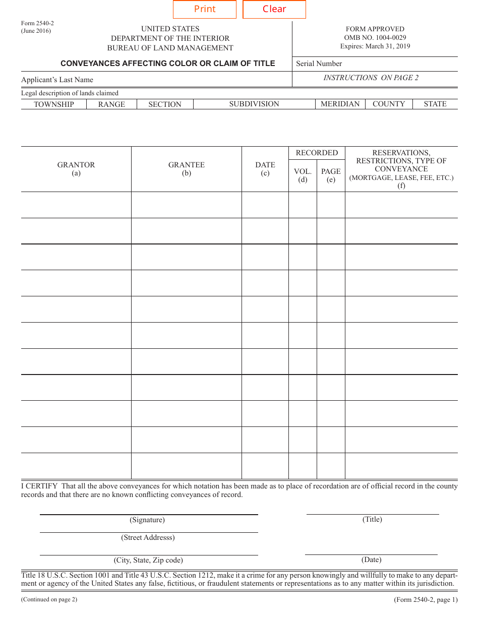 BLM Form 2540-2 Conveyances Affecting Color or Claim of Title, Page 1