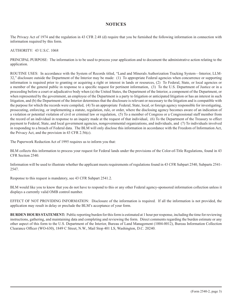 BLM Form 2540-2 Conveyances Affecting Color or Claim of Title, Page 3