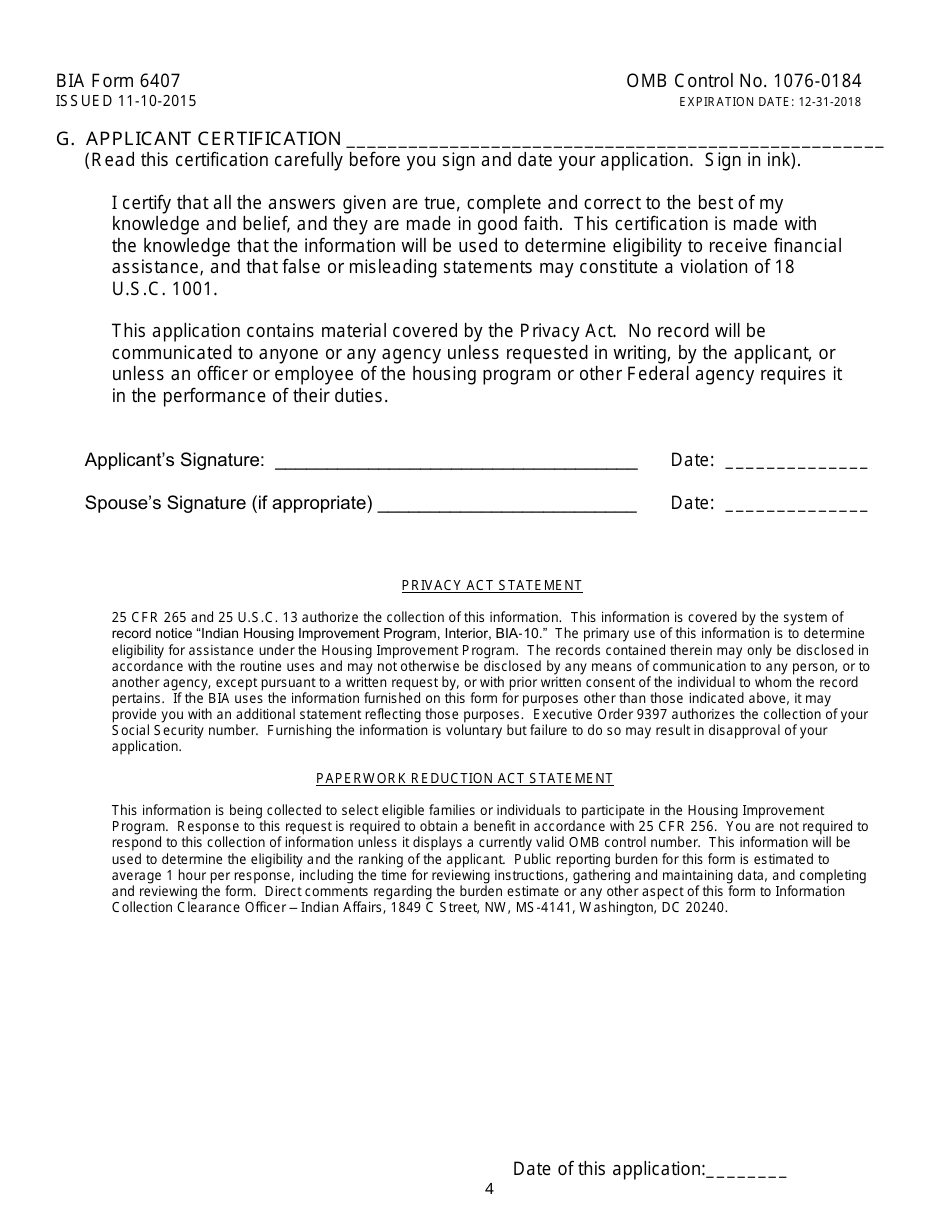 BIA Form 6407 Housing Assistance Application, Page 4
