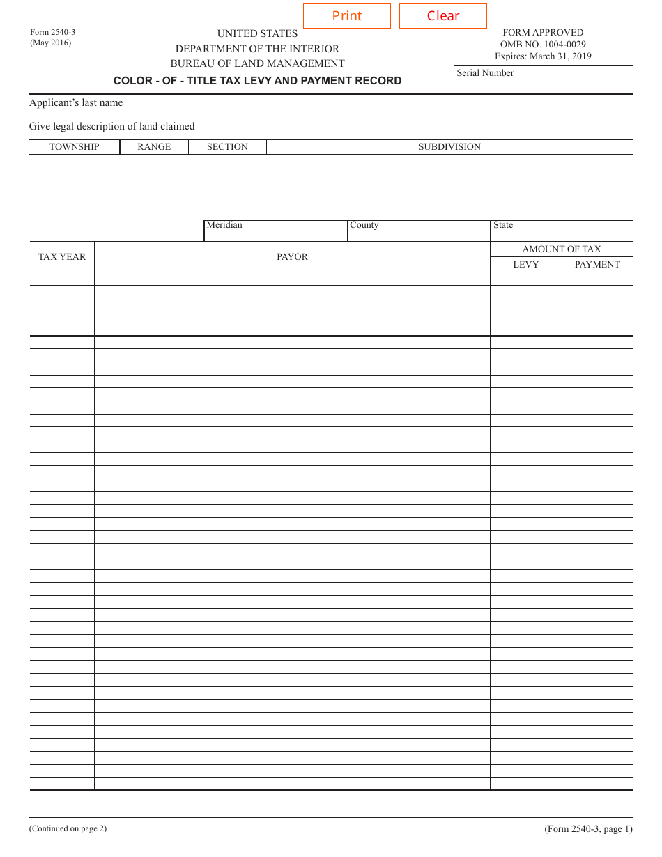 BLM Form 2540-3 Color-Of-Title Tax Levy and Payment Record, Page 1