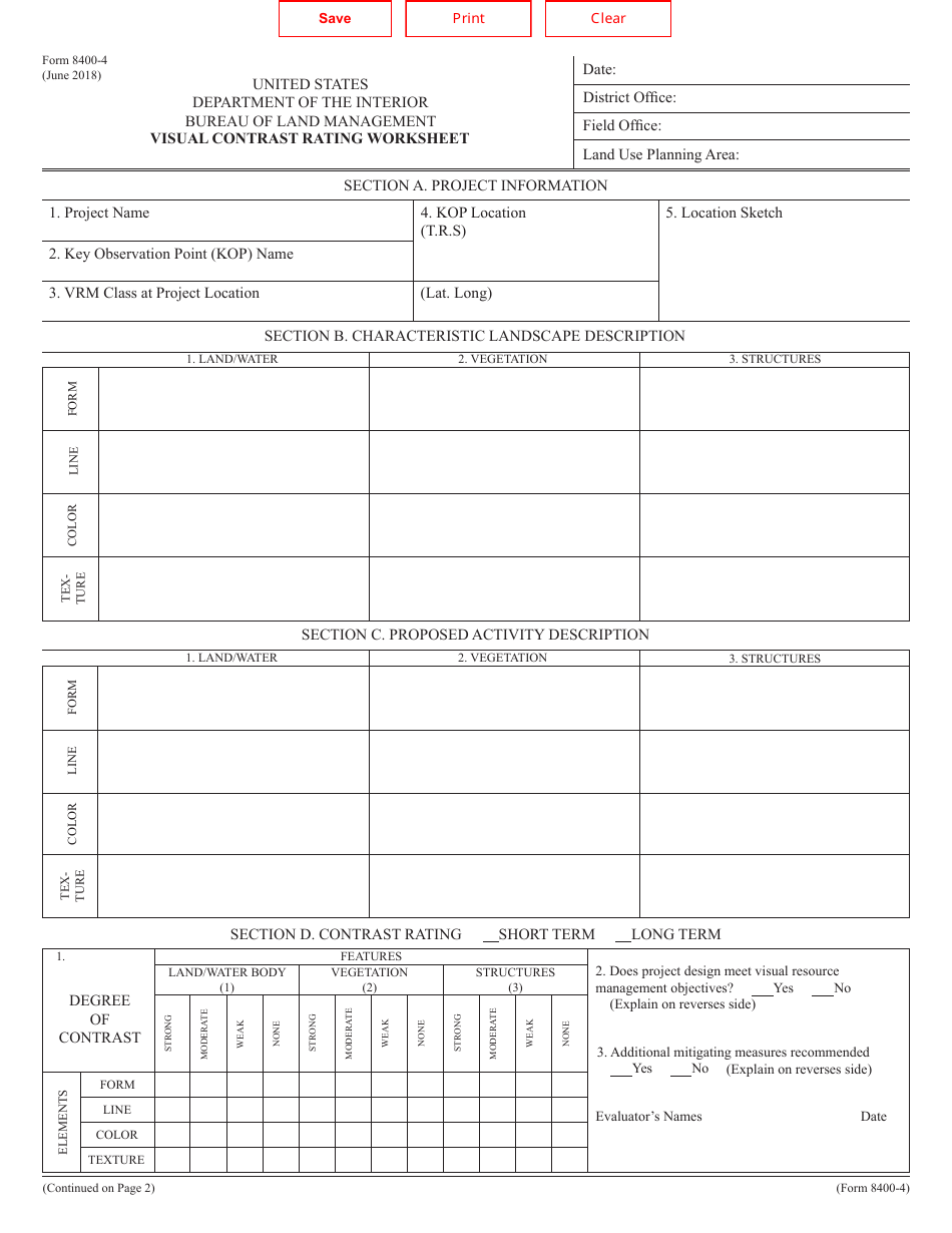 BLM Form 8400-4 Visual Contrast Rating Worksheet, Page 1