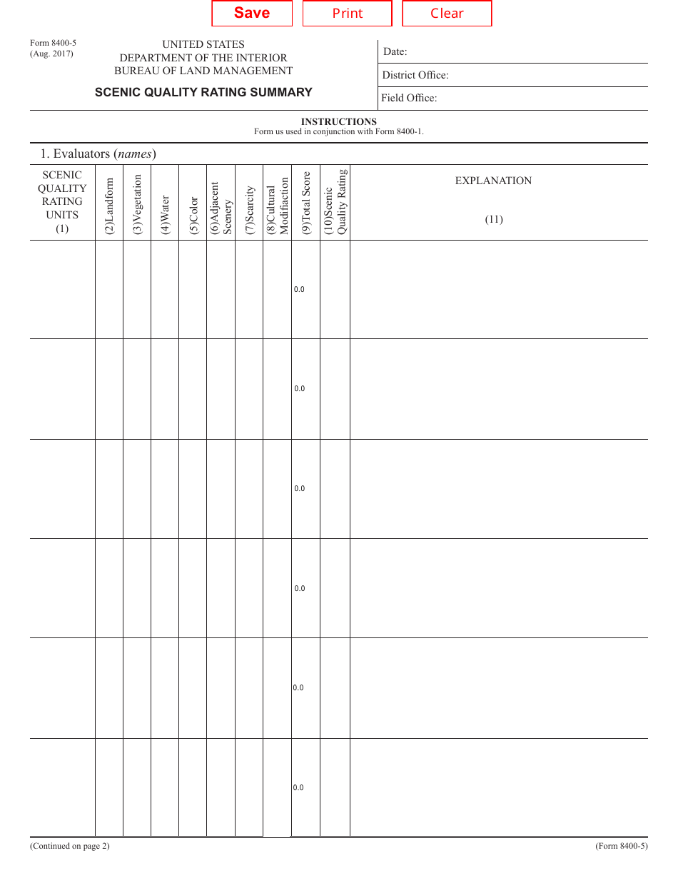 BLM Form 8400-5 Scenic Quality Rating Summary, Page 1