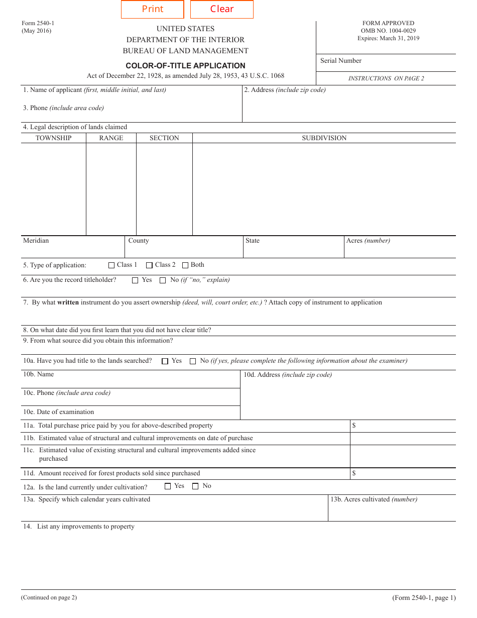 BLM Form 2540-1 Color-Of-Title Application, Page 1