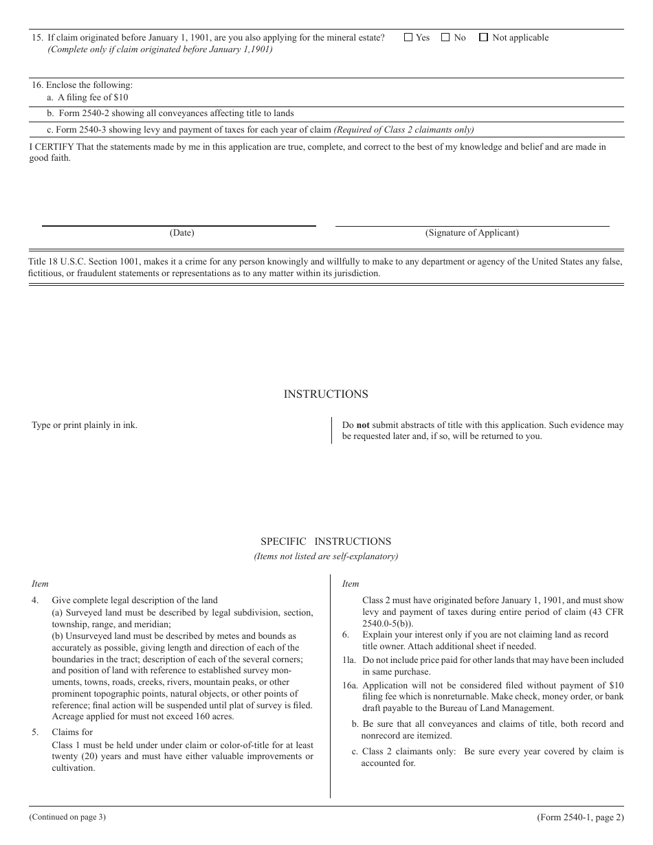 BLM Form 2540-1 Color-Of-Title Application, Page 2