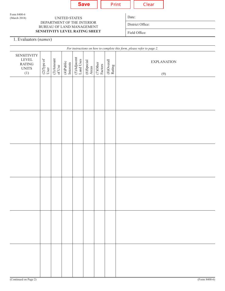 BLM Form 8400-6 Sensitivity Level Rating Sheet, Page 1
