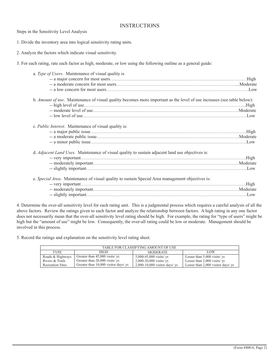 BLM Form 8400-6 Sensitivity Level Rating Sheet, Page 2