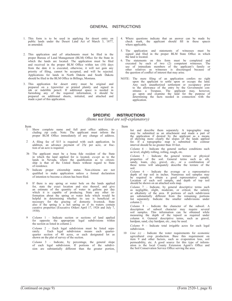 Form 2520-1 Desert Land Entry Application, Page 8