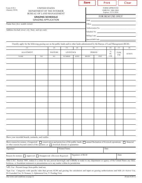 BLM Form 4130-1  Printable Pdf