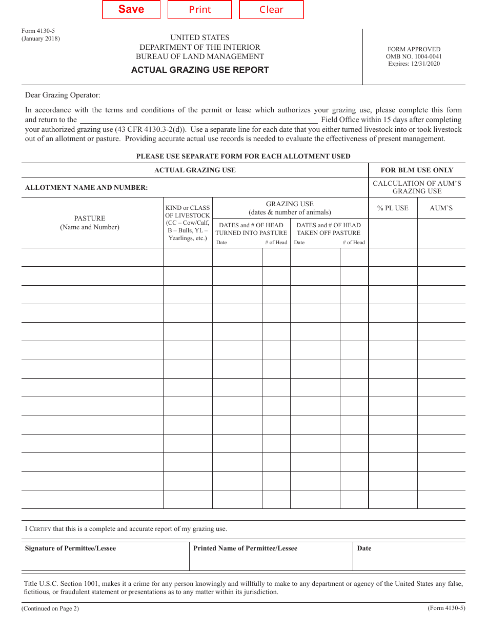 BLM Form 4130-5 Actual Grazing Use Report, Page 1