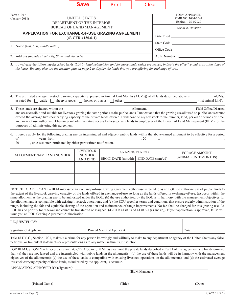 BLM Form 4130-4 Download Fillable PDF or Fill Online Application for ...