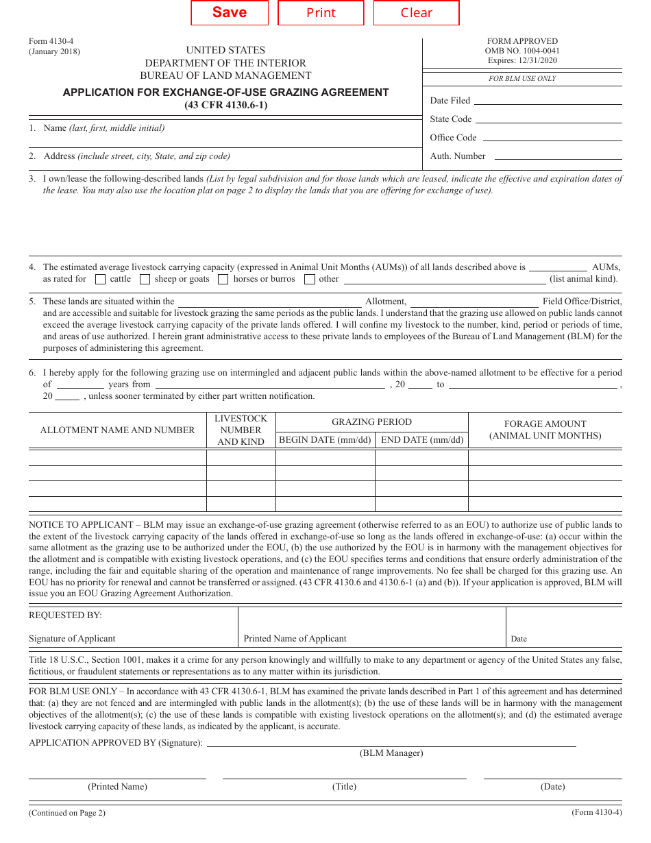 BLM Form 4130-4 Application for Exchange-Of-Use Grazing Agreement, Page 1
