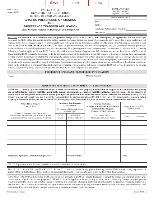 BLM Form 4130-1a  Printable Pdf