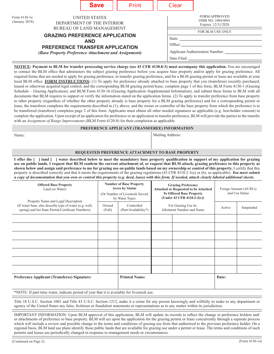 BLM Form 4130-1a Grazing Preference Application and Preference Transfer Application, Page 1