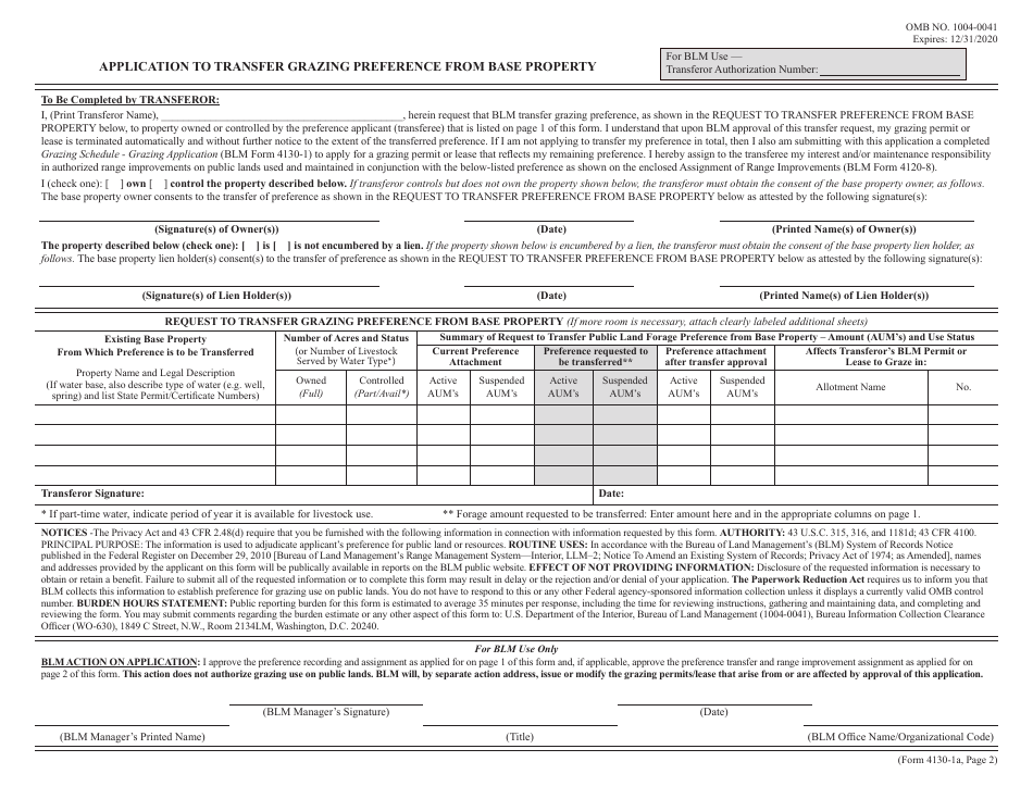 BLM Form 4130-1a Grazing Preference Application and Preference Transfer Application, Page 2