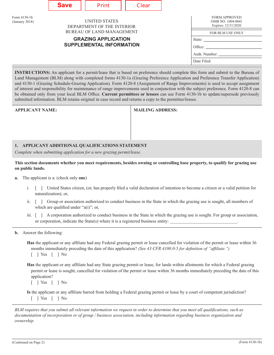 Form 4130-1B Grazing Application Supplemental Information, Page 1