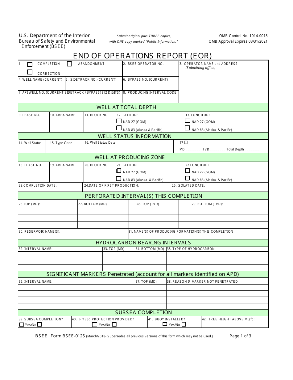 Form BSEE-0125 End of Operations Report (Eor), Page 1