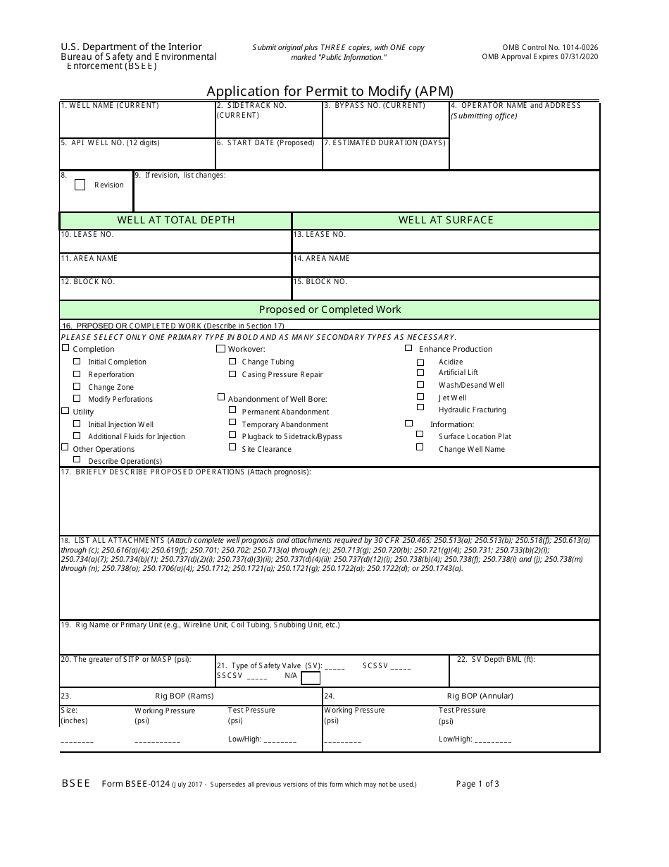 Form BSEE-0124 Application for Permit to Modify (Apm), Page 1