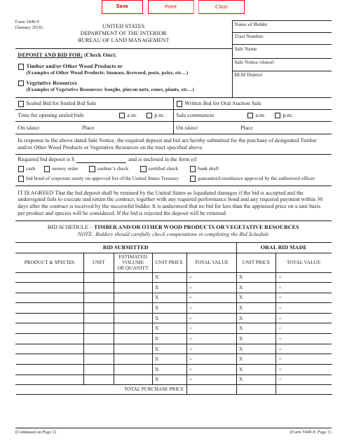 BLM Form 5440-9 Deposit & Bid for Timber and/or Other Wood Products or Vegetative Resources