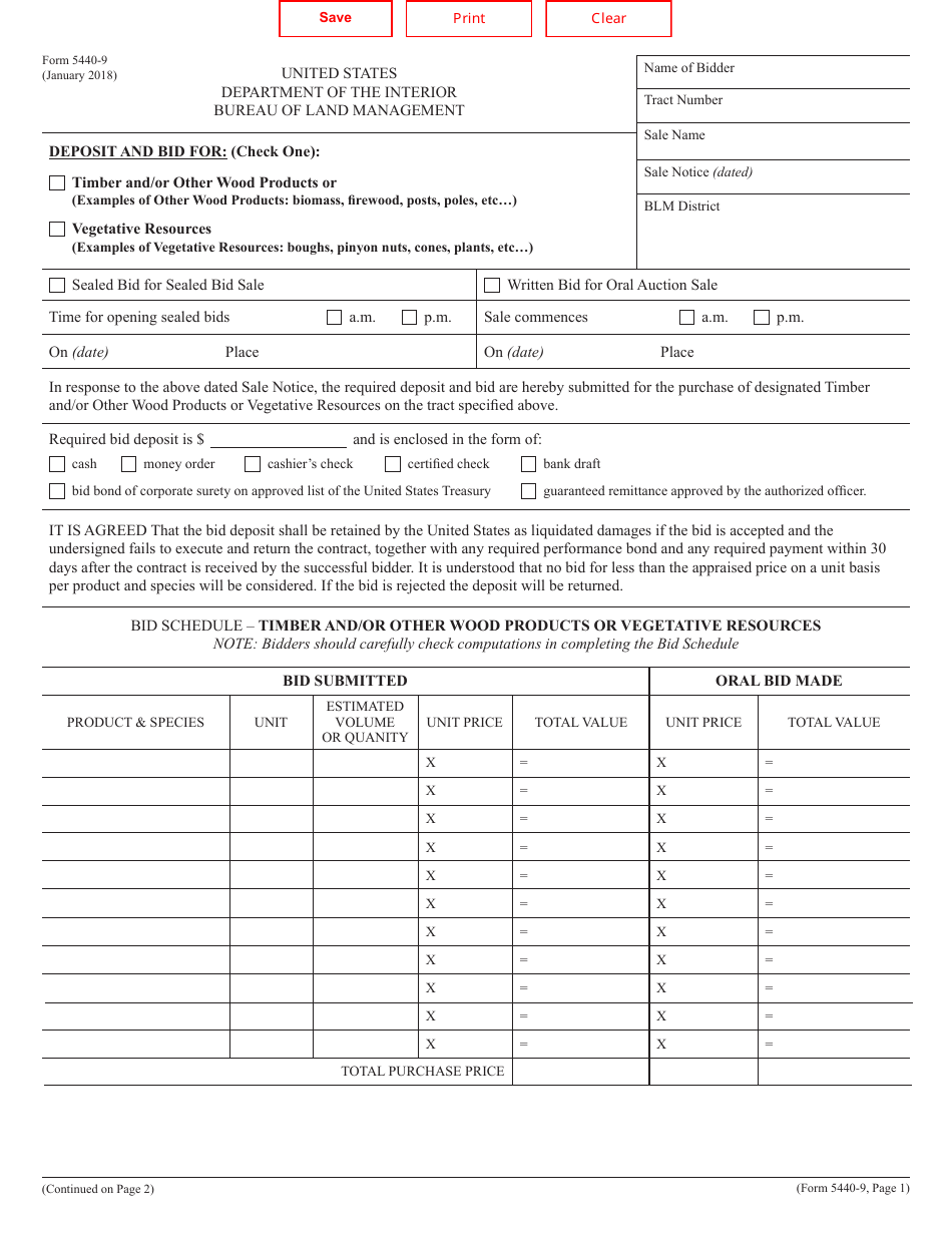 BLM Form 5440-9 Deposit  Bid for Timber and / or Other Wood Products or Vegetative Resources, Page 1