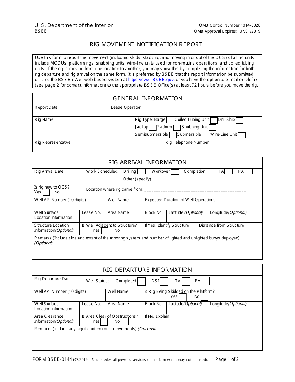 Form BSEE-0144 Rig Movement Notification Report, Page 1