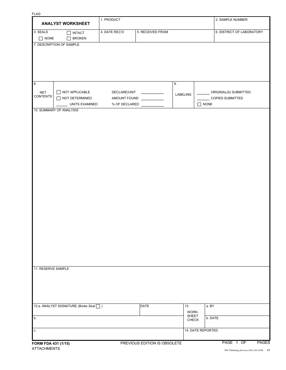 Form FDA431 Analyst Worksheet, Page 1