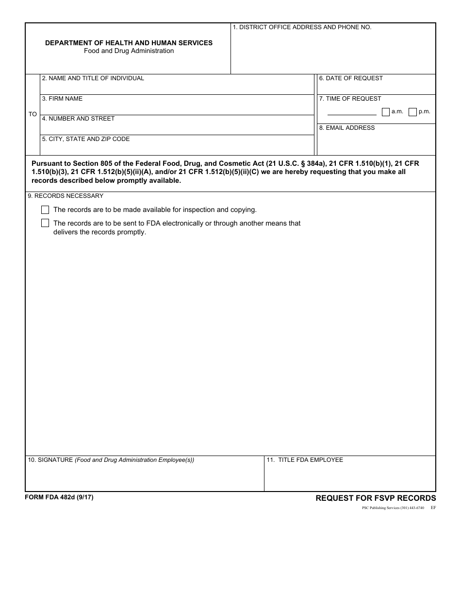 Form FDA482d Request for Fsvp Records, Page 1