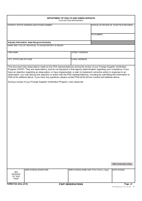 Form FDA483a Fsvp Observations
