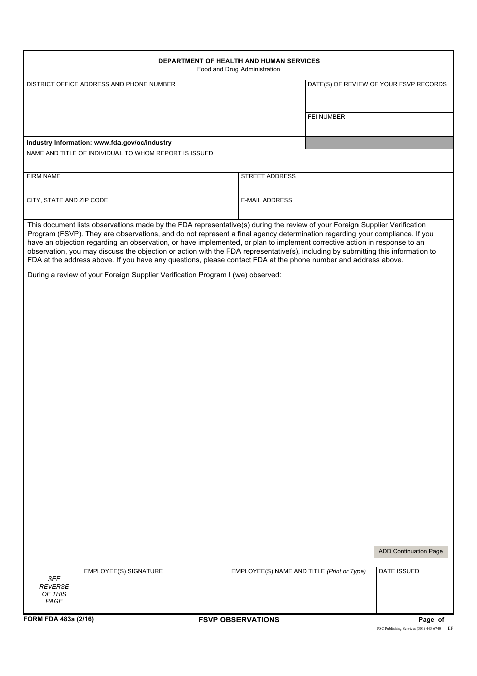 Form FDA483a Fsvp Observations, Page 1