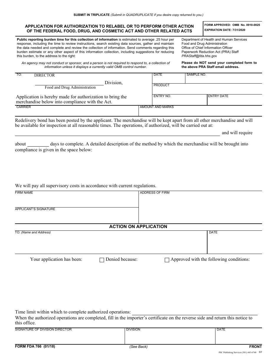 Form FDA766 Application for Authorization to Relabel or to Perform Other Action of the Federal Food, Drug, and Cosmetic Act and Other Related Acts, Page 1