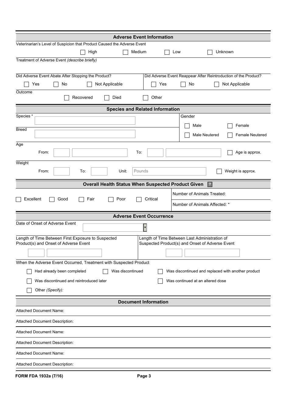 Form FDA1932a Veterinary Adverse Drug Reaction, Lack of Effectiveness or Product Defect, Page 3