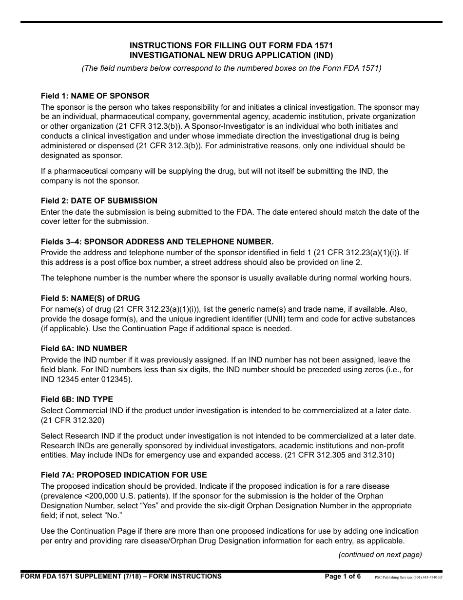 Instructions for Form FDA1571 Investigational New Drug Application (Ind), Page 1