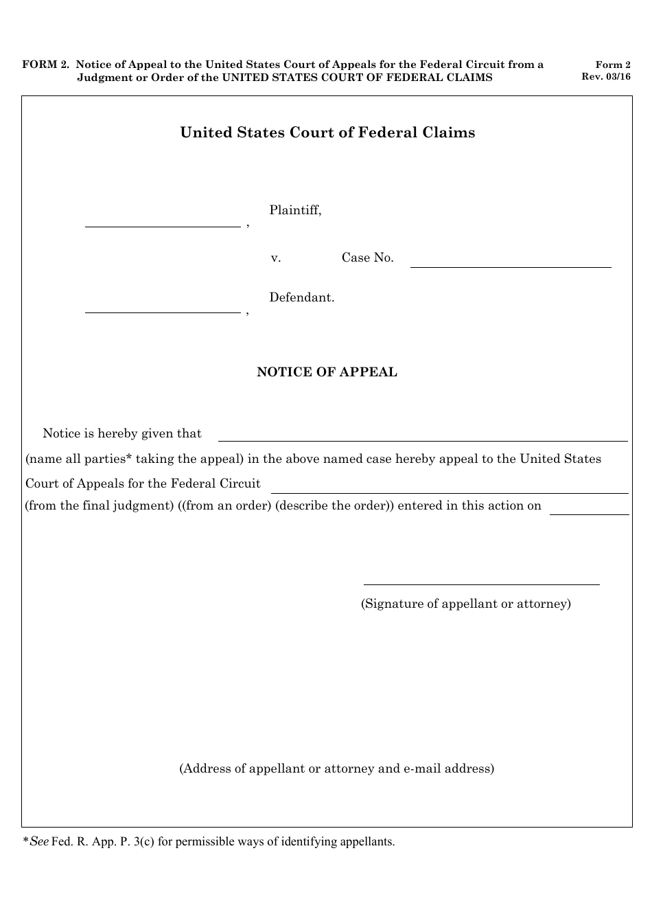 Form 2 Notice of Appeal to the United States Court of Appeals for the Federal Circuit From a Judgment or Order of the United States Court of Federal Claims, Page 1