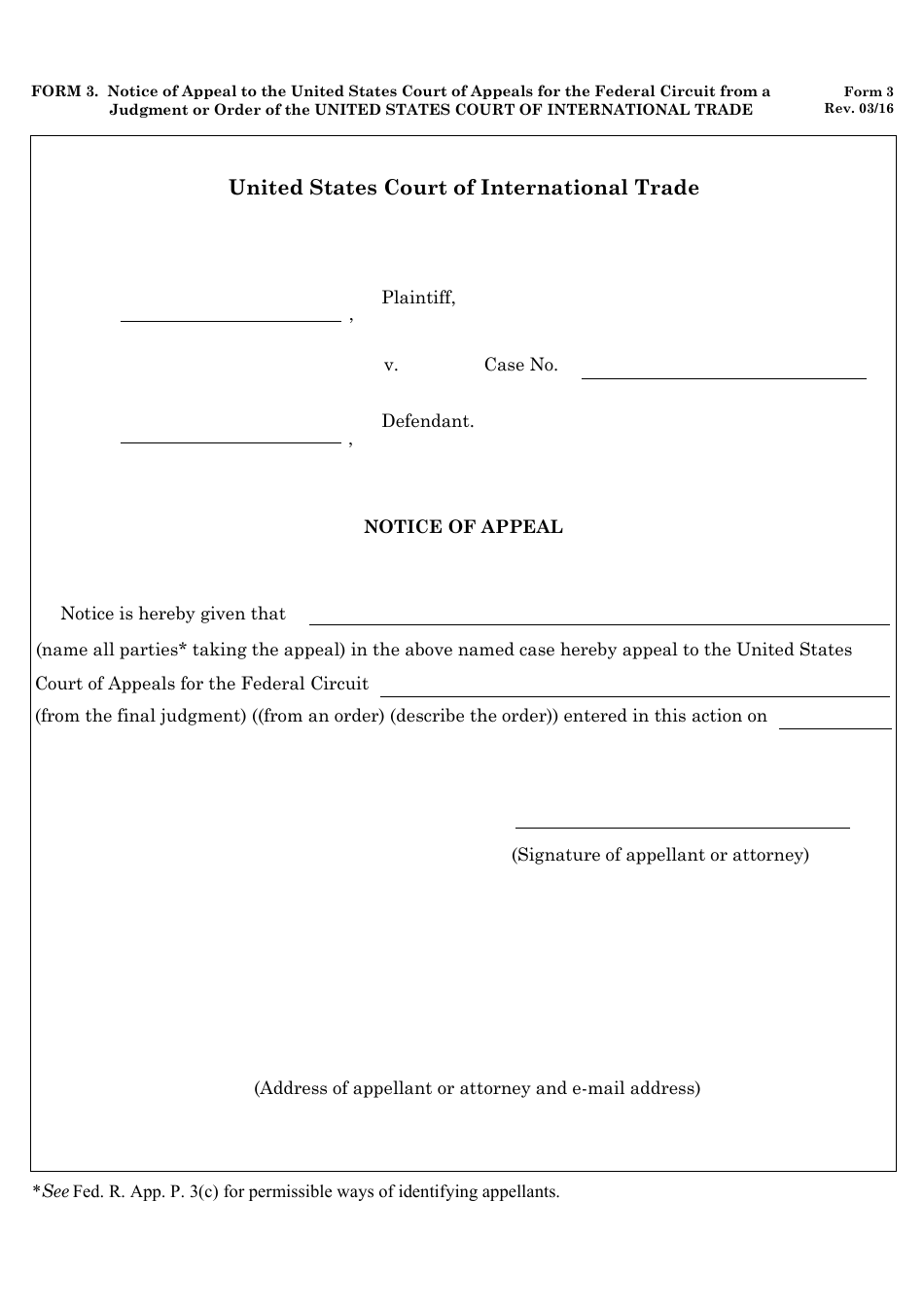 Form 3 Notice of Appeal to the United States Court of Appeals for the Federal Circuit From a Judgment or Order of the Court of International Trade, Page 1
