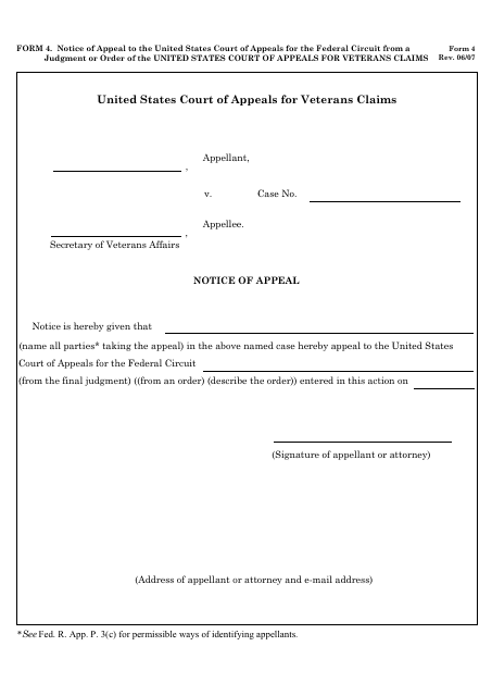 Form 4 Notice of Appeal to the United States Court of Appeals for the Federal Circuit From a Judgment or Order of the United States Court of Appeals for Veterans Claims