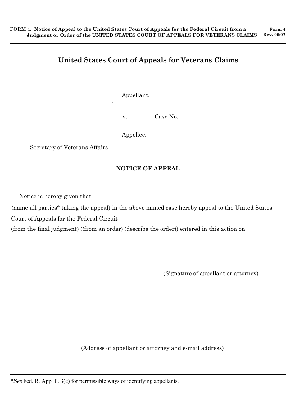 Form 4 Notice of Appeal to the United States Court of Appeals for the Federal Circuit From a Judgment or Order of the United States Court of Appeals for Veterans Claims, Page 1