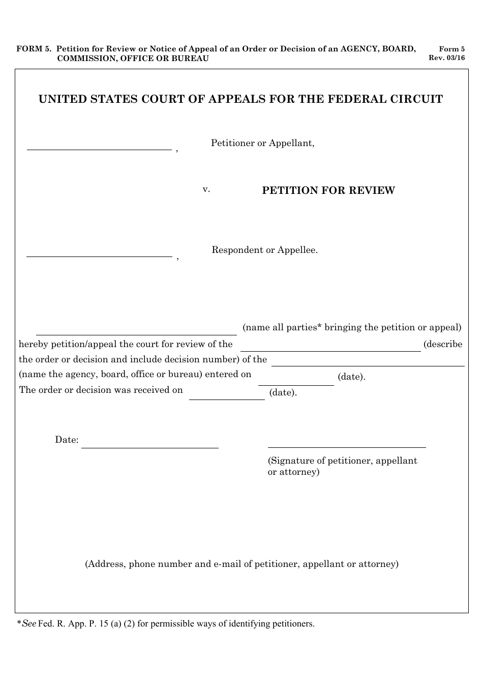 Form 5 Petition for Review or Appeal of an Order or Decision of an Agency, Board, Commission, or Officer, Page 1