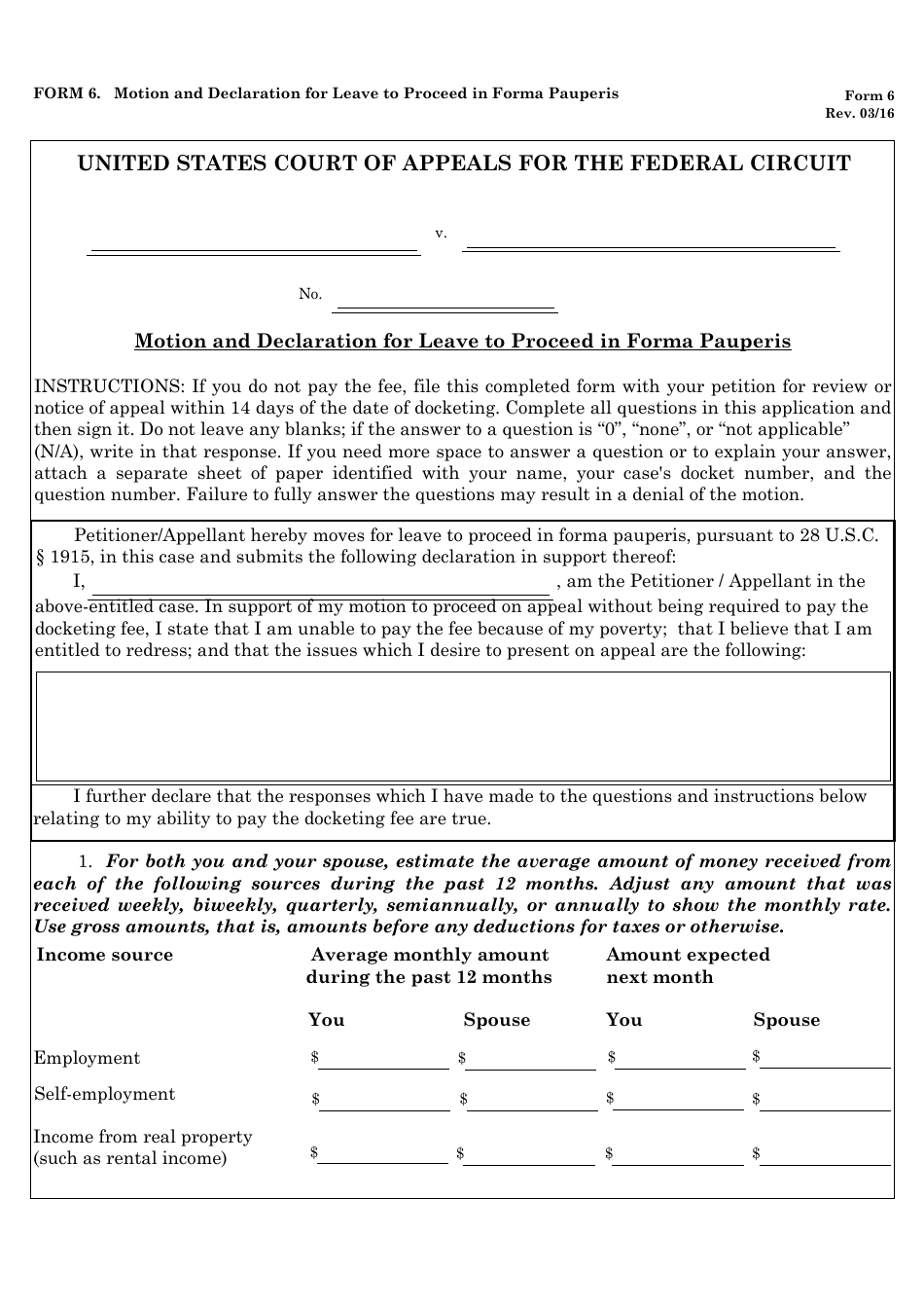 Form 6 Download Fillable PDF Or Fill Online Motion And Declaration For   Form 6 Motion And Declaration Leave To Proceed In Forma Pauperis Print Big 