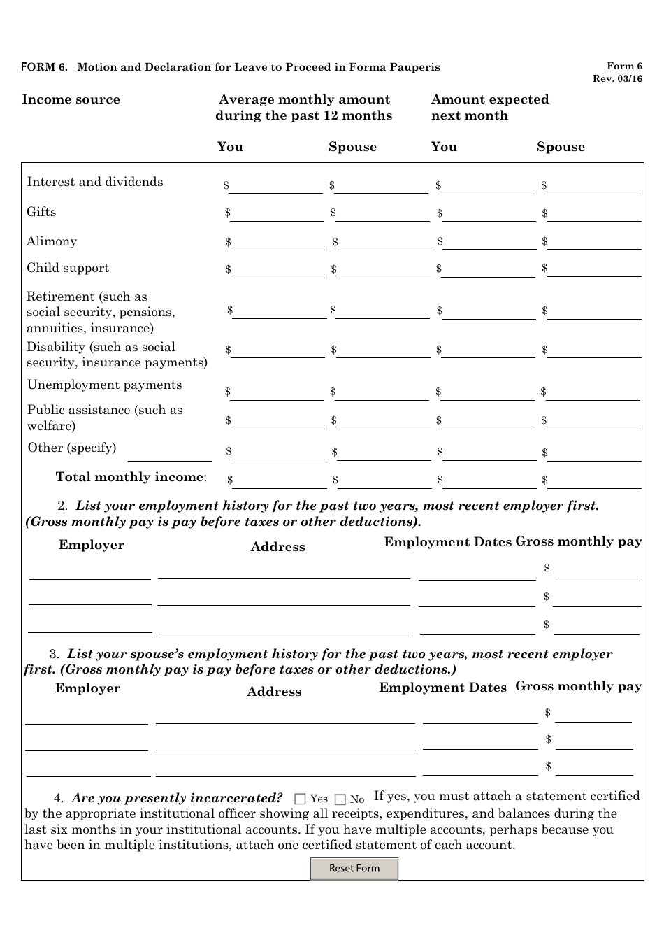 Form 6 Motion and Declaration for Leave to Proceed in Forma Pauperis, Page 2