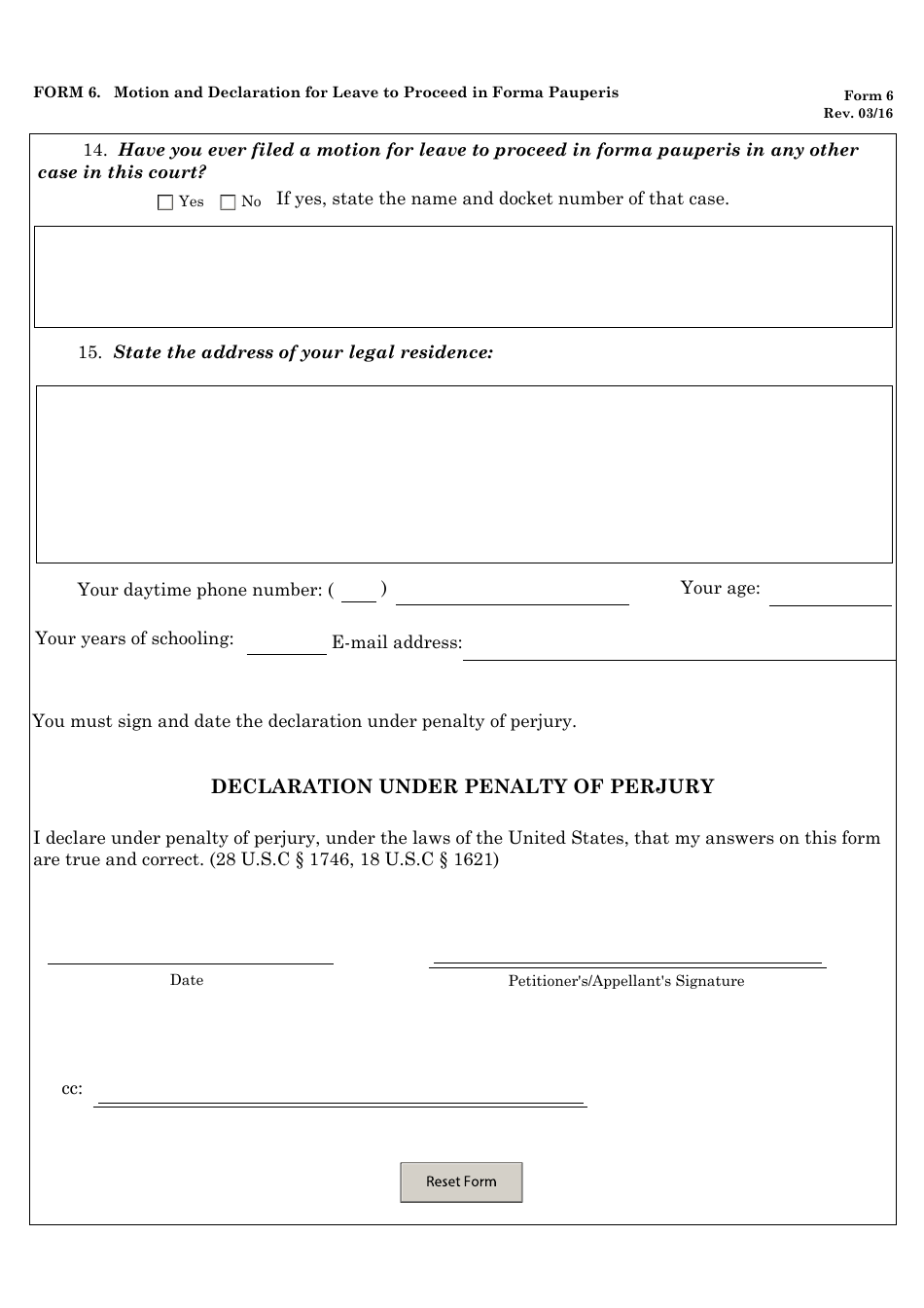 Form 6 Motion and Declaration for Leave to Proceed in Forma Pauperis, Page 6