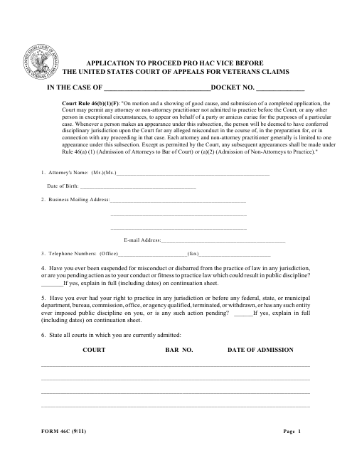 Form 46C Application to Proceed Pro Hac Vice Before the United States Court of Appeals for Veterans Claims