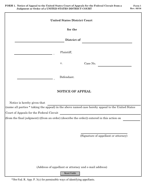 Form 1 Notice of Appeal to the United States Court of Appeals for the Federal Circuit From a Judgment or Order of an United States District Court